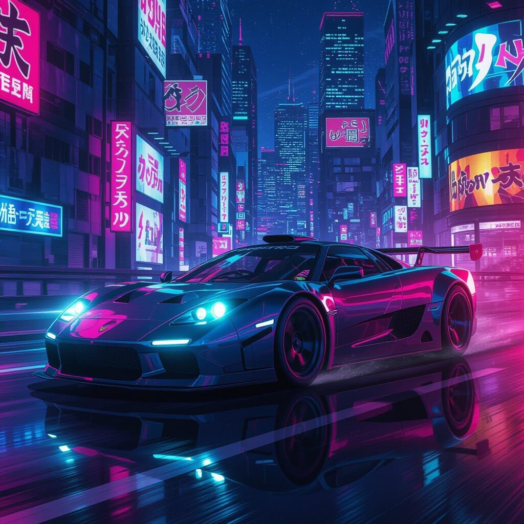 Neon Cyberpunk Sports Car in Futuristic Cityscape