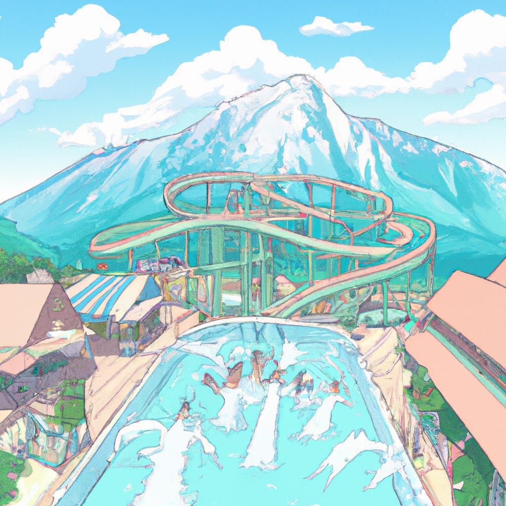 Anime Wave Pool Scene with Roller Coaster