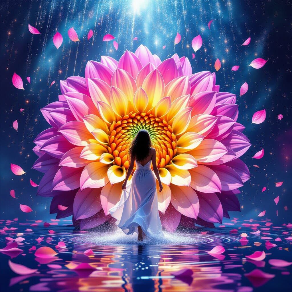 Figure Emerges From Dahlia Shower, Astral Cosmic Art