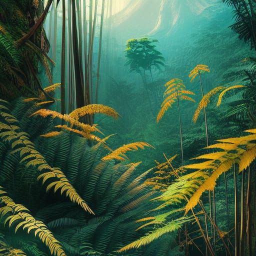 Lush Jungle Ferns Landscape in Psychedelic Style