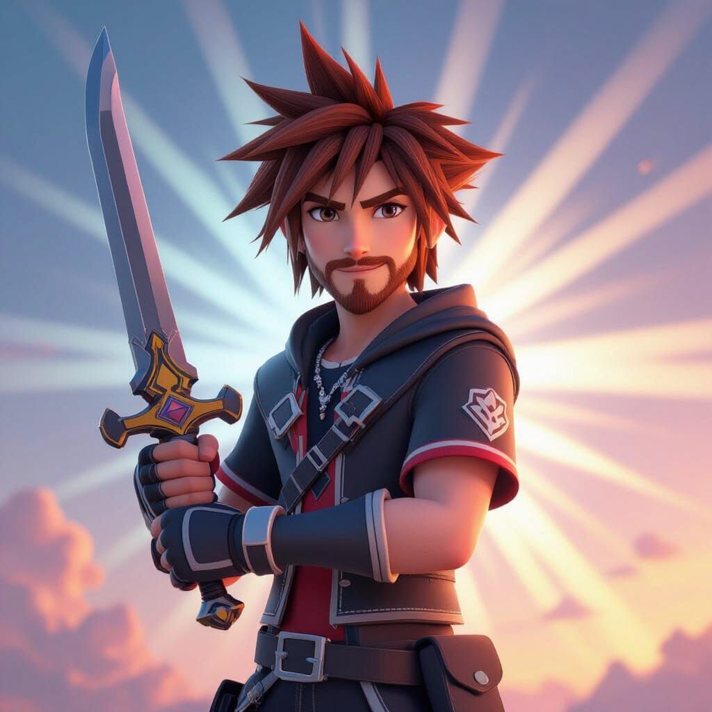 Animated Man with Red Beard Holds Kingdom Hearts Keyblade