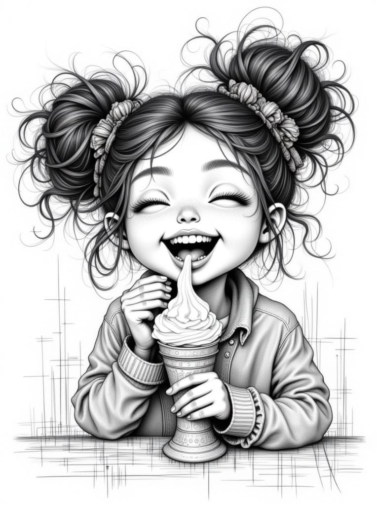Girl Eating Ice Cream in Technical Drawing Style