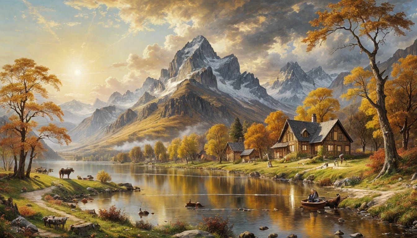 Autumnal Mountain Village Oil Painting by Thomas Moran