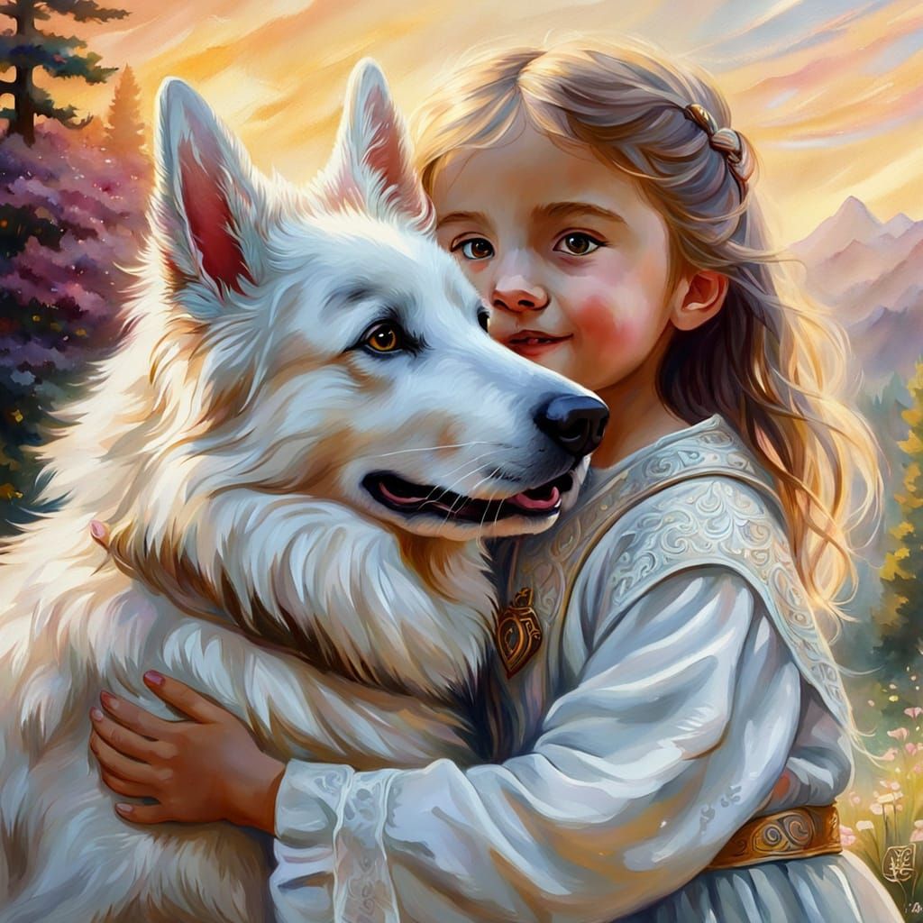 Shepherd's Embrace: Ethereal Gouache Fantasy in Golden Light