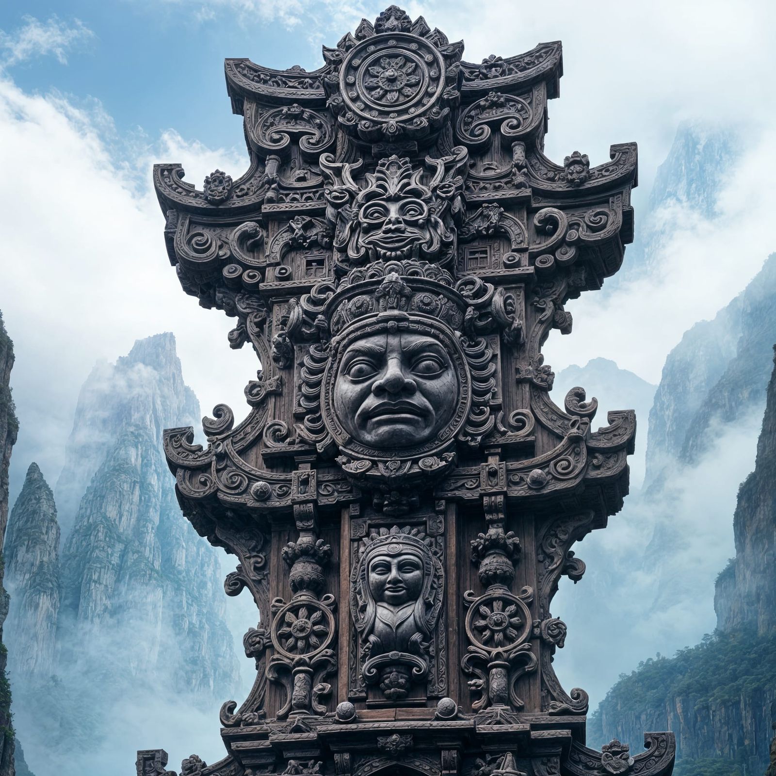 Ancient Carved Wooden Structure Amidst Towering Cliffs