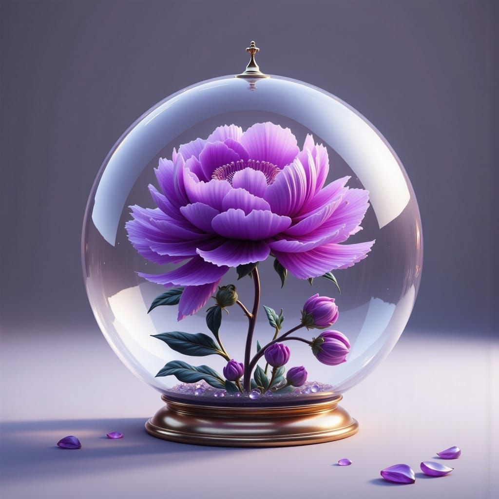 Purple Peony in Glass Sphere, 3D Rendered