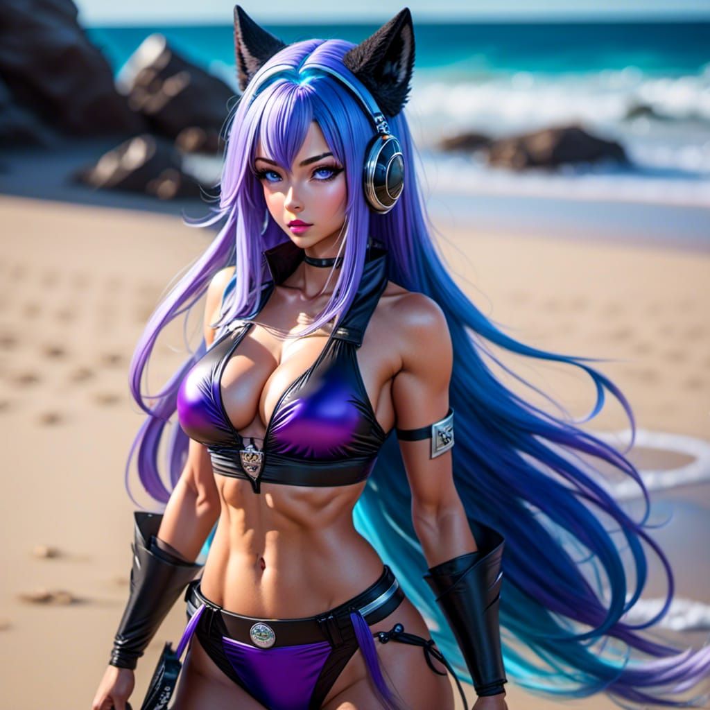 Woman with Wolf Ears on Beach in Neon Outfit