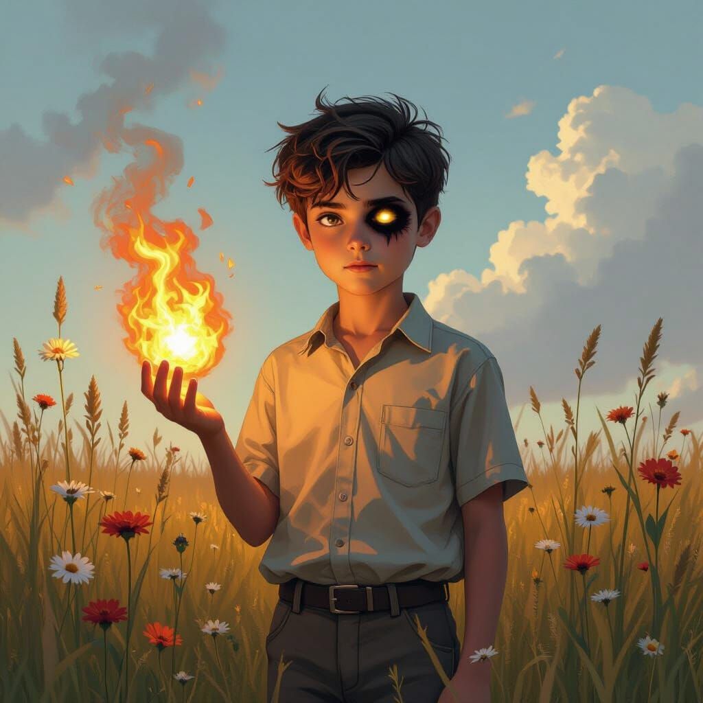 Boy with Fireball in Field, Digital Painting Style