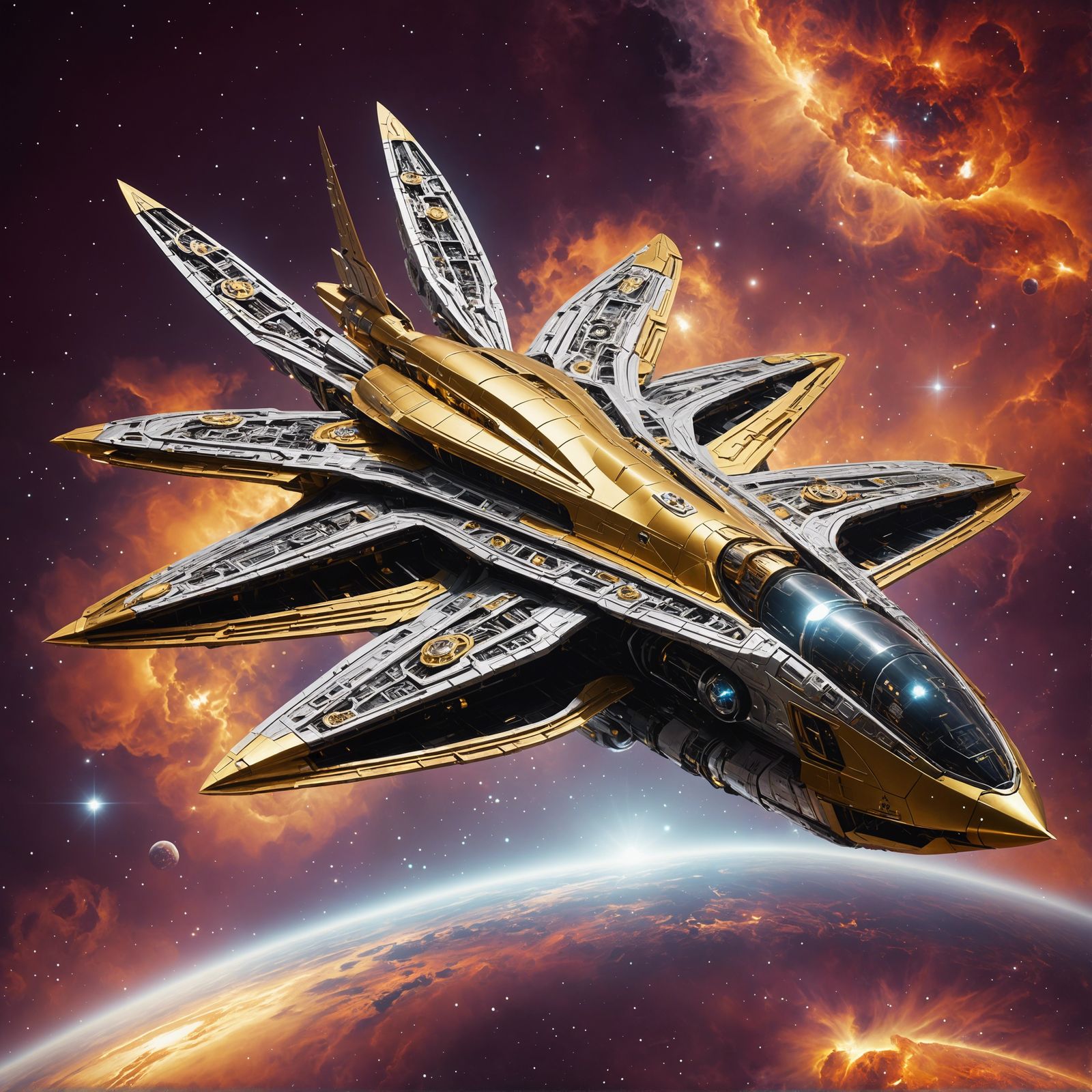 Ornate Spaceship Entering Nebula in Matte Photography