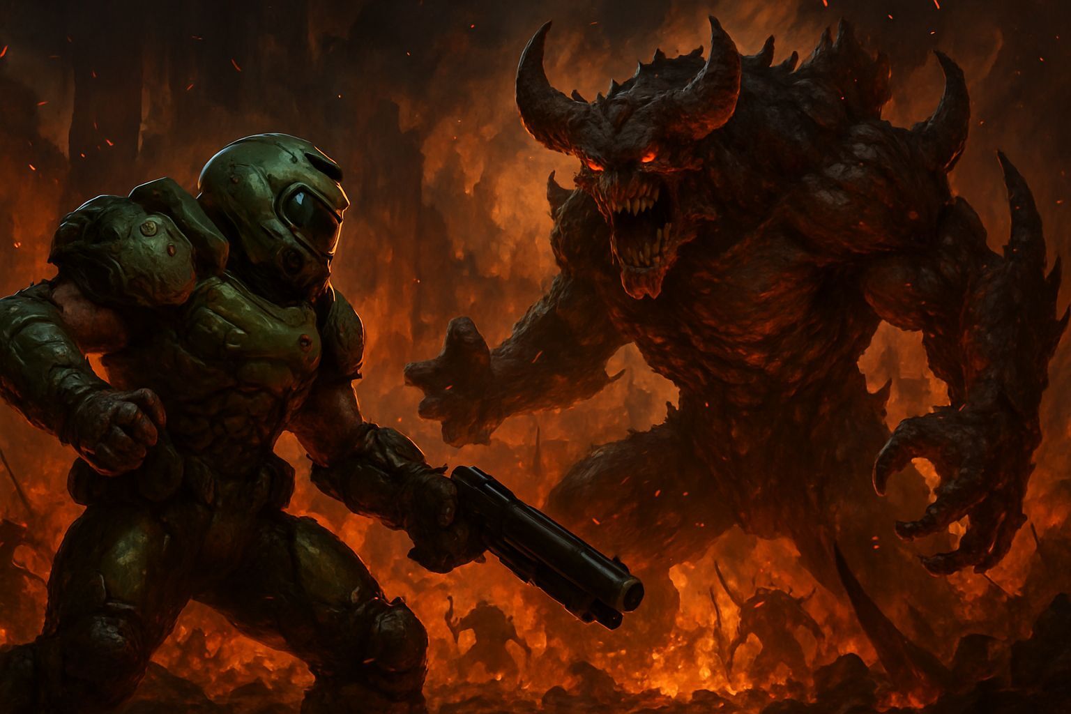 The Doom slayer fighting in a big boss battle