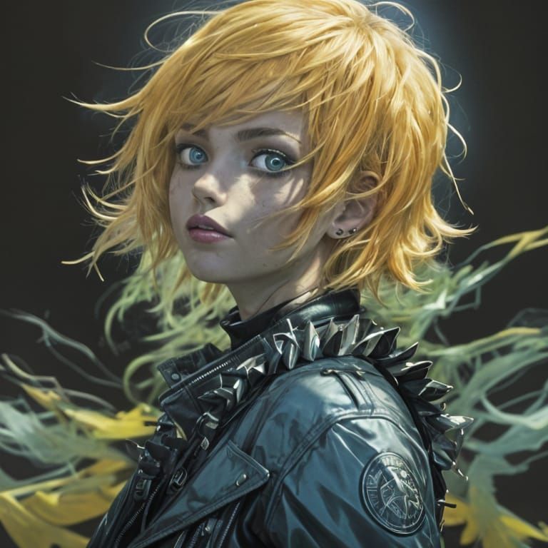 Punk Woman with Vibrant Blonde Curly Hair