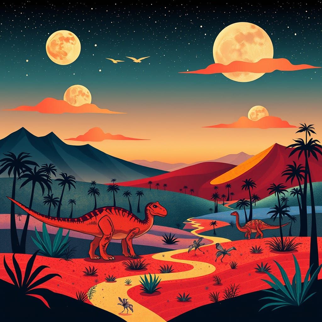 Bauhaus-Inspired Dinosaur Landscape in Triadic Colors