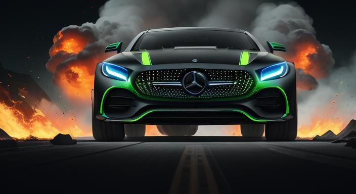 A futuristic Mercedes sport car in a sleek black-grey paint and glowing green accents car features  high-tech body kit. ...