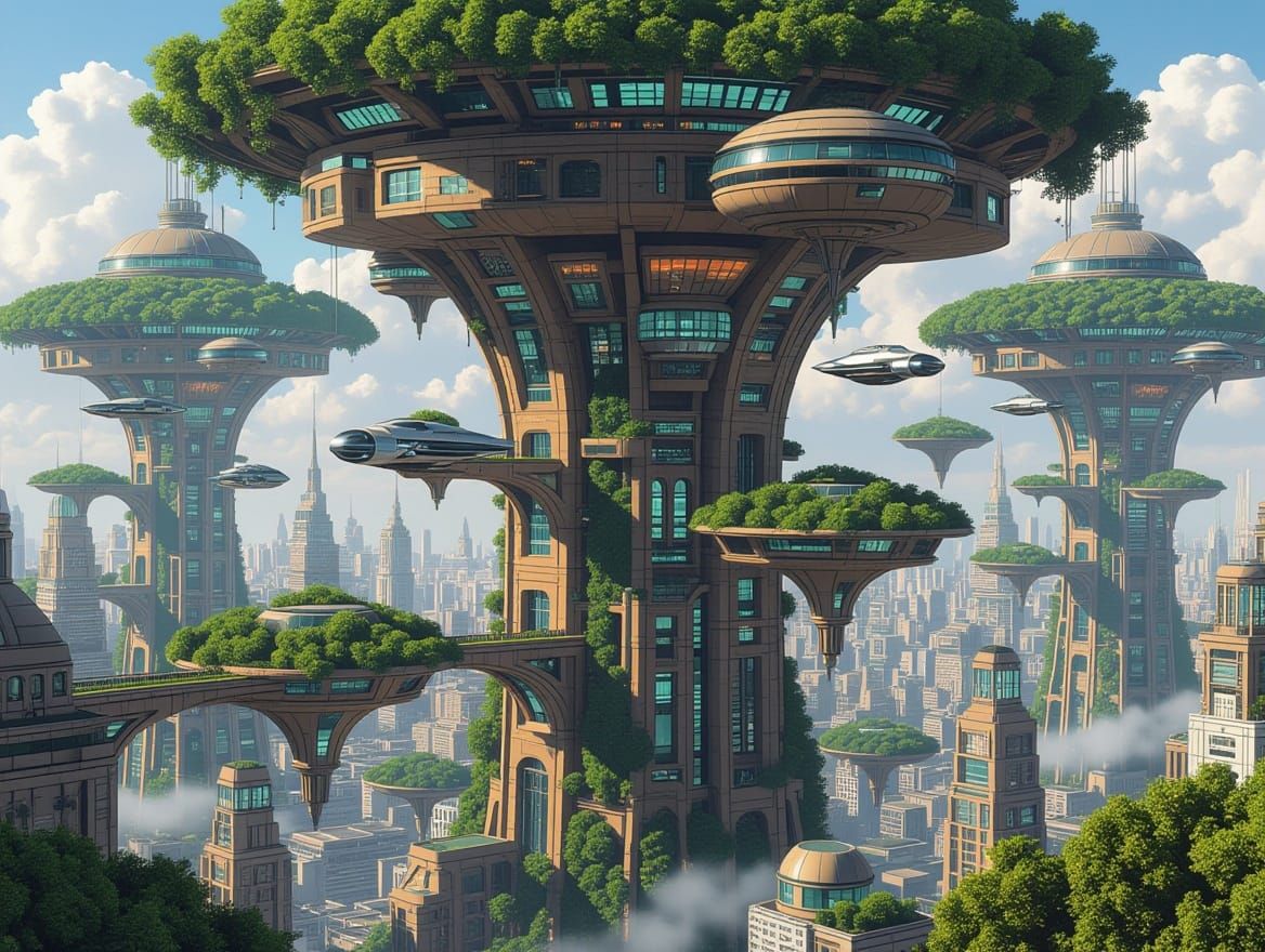 Futuristic Treehouse City with Flying Vehicles