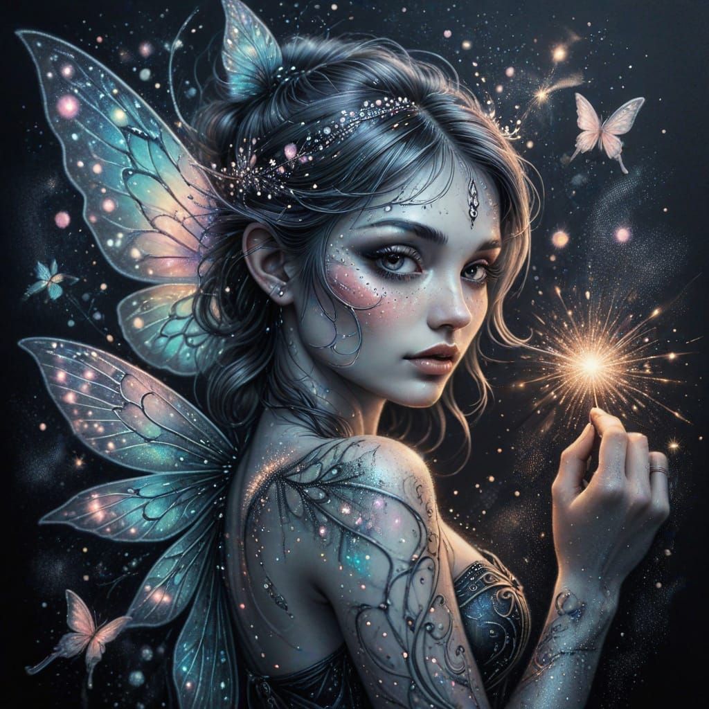 Detailed Charcoal Drawing of Tattoo Fairy with Sprinkles