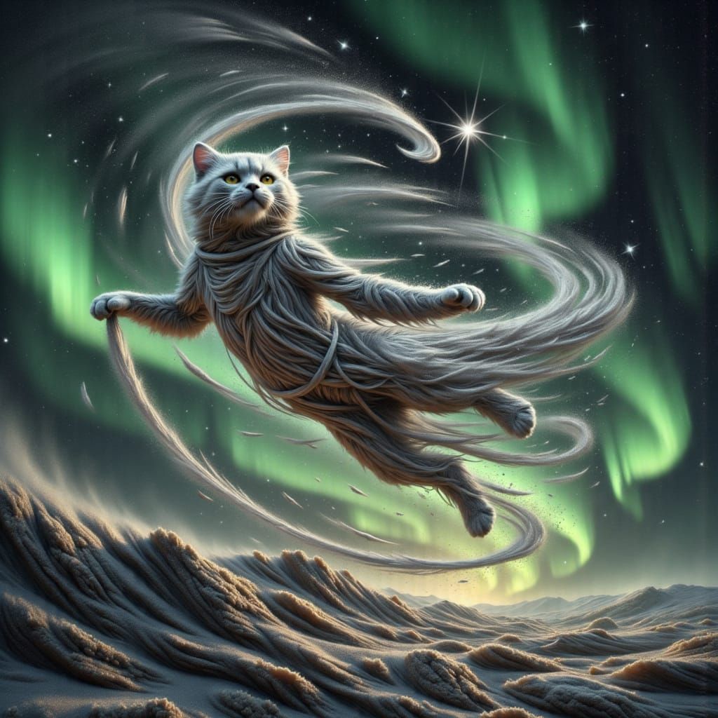 Cosmic Cat in Mid-Pounce Amidst Vibrant Aurora
