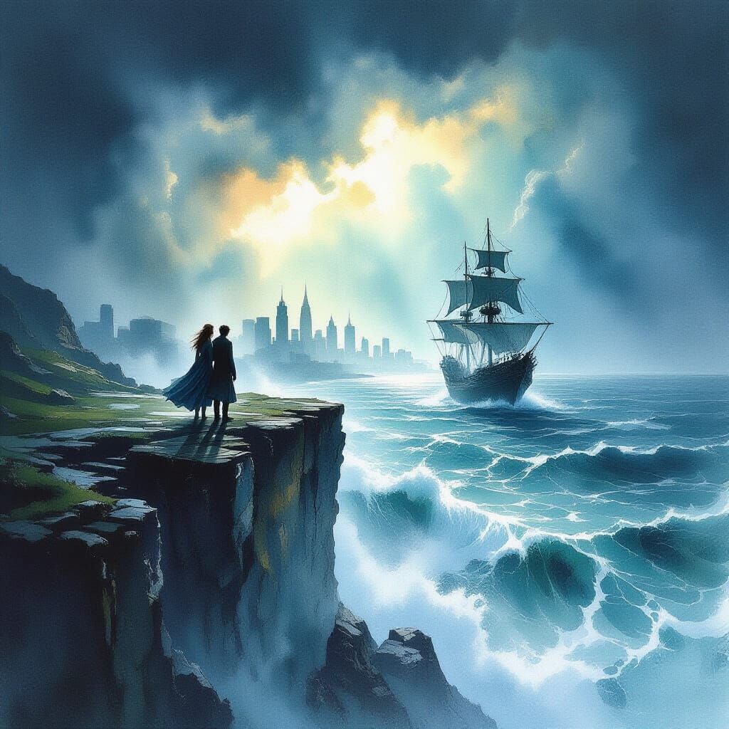 Couple Overlooking Stormy Sea with Ghostship