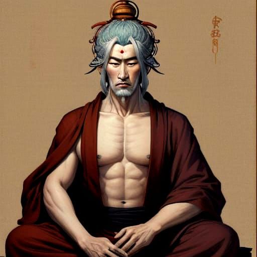 A Buddhist ascetic monk with Ukiyo-e aesthetic.