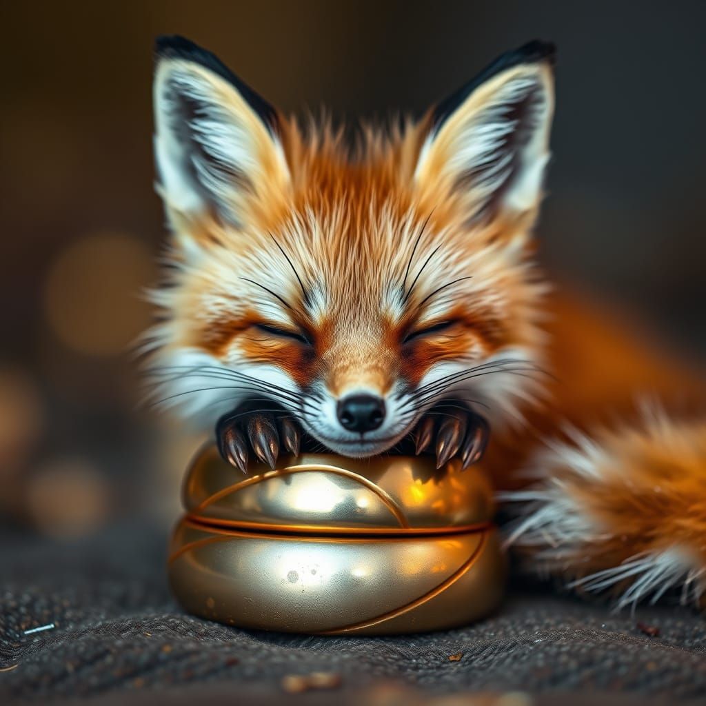 A relaxed fox rested on top of a wedding ring, macro photogr...