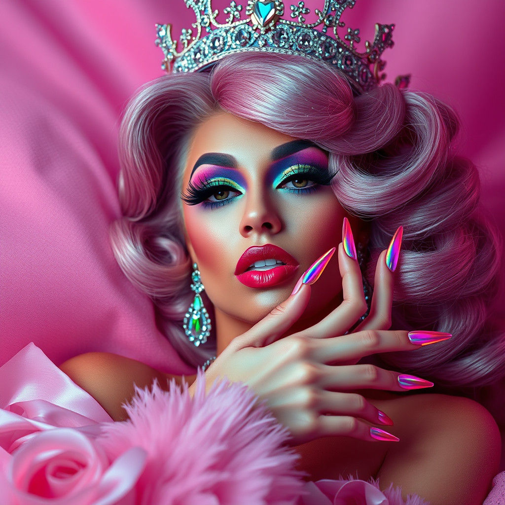 Majestic Drag Queen with Crystal Crown in Hyperrealistic Sty...