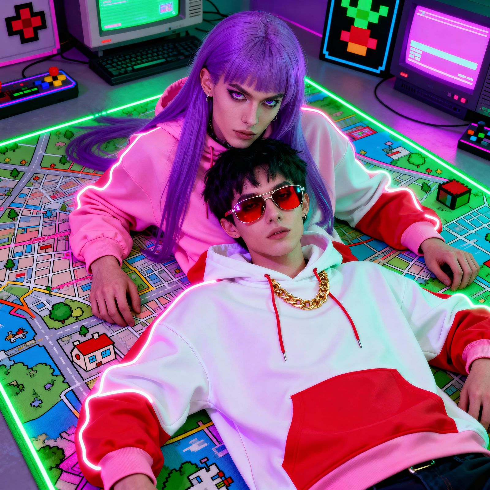 Cyberpunk Pop-Art Couple on City Map Rug