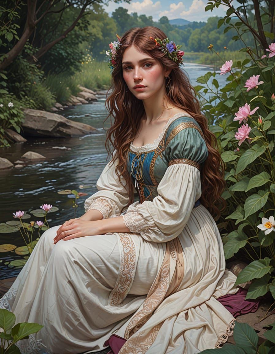 Maiden by Riverbank in Romantic Pre-Raphaelite Style