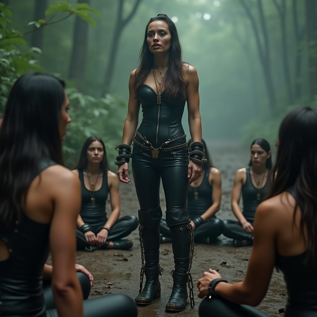 Leather-Clad Dominatrix Teaching in Jungle, Cinematic 3D Art