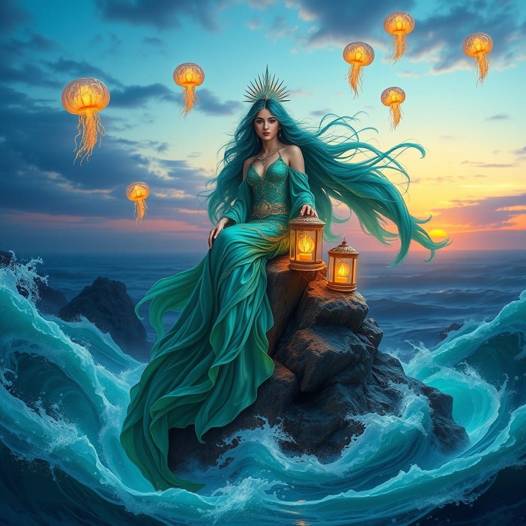 Mystical Siren Amidst Turquoise Waves and Oceanic Vortex