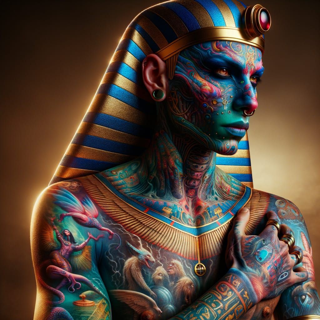 Tattooed Pharaoh in Hyper-Realistic Cinematic Style