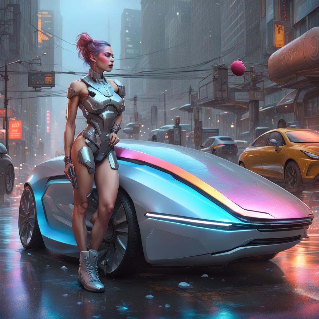 Cyborg Woman in Rainy Cyberpunk Cityscape