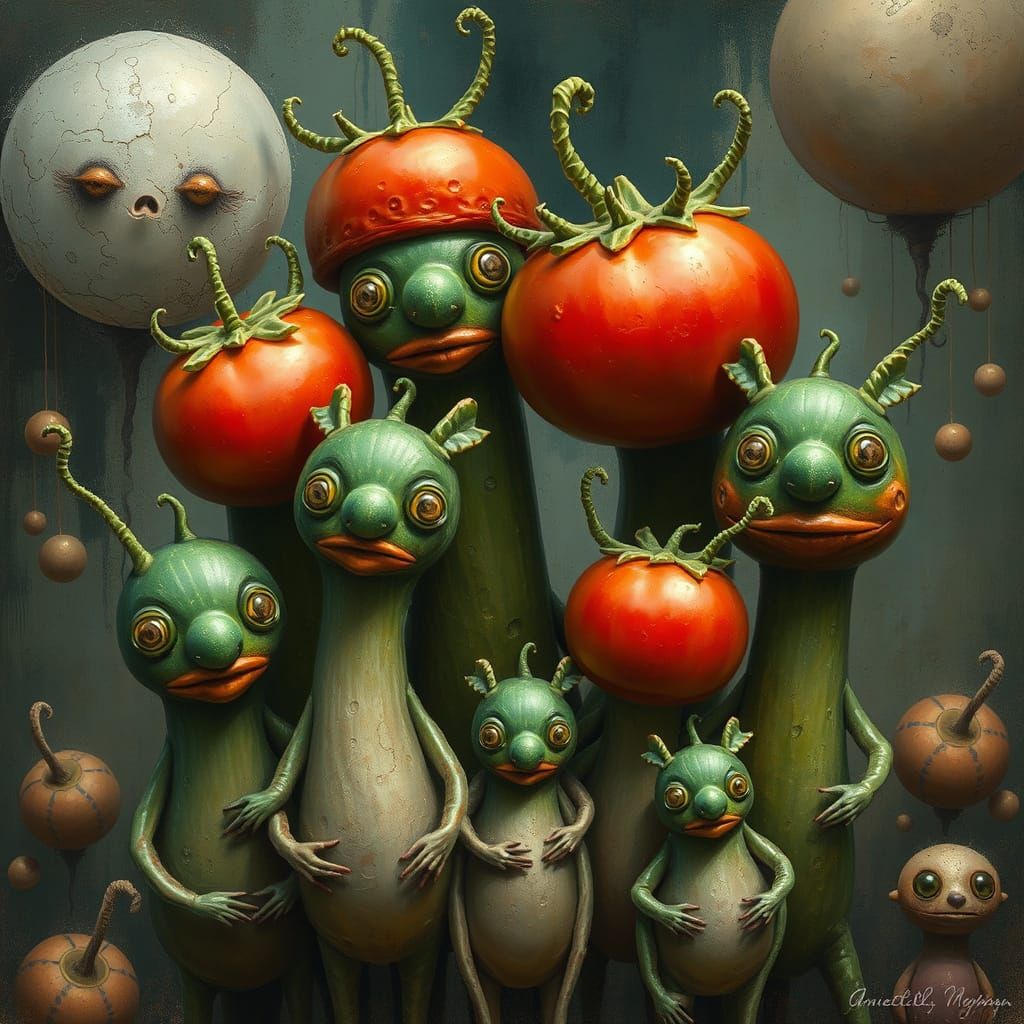 Vegetable People Family in Surrealist Style