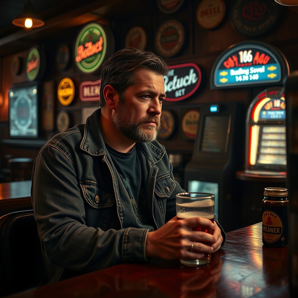 Man Overwhelmed by Emotion in a Gritty Beer Joint