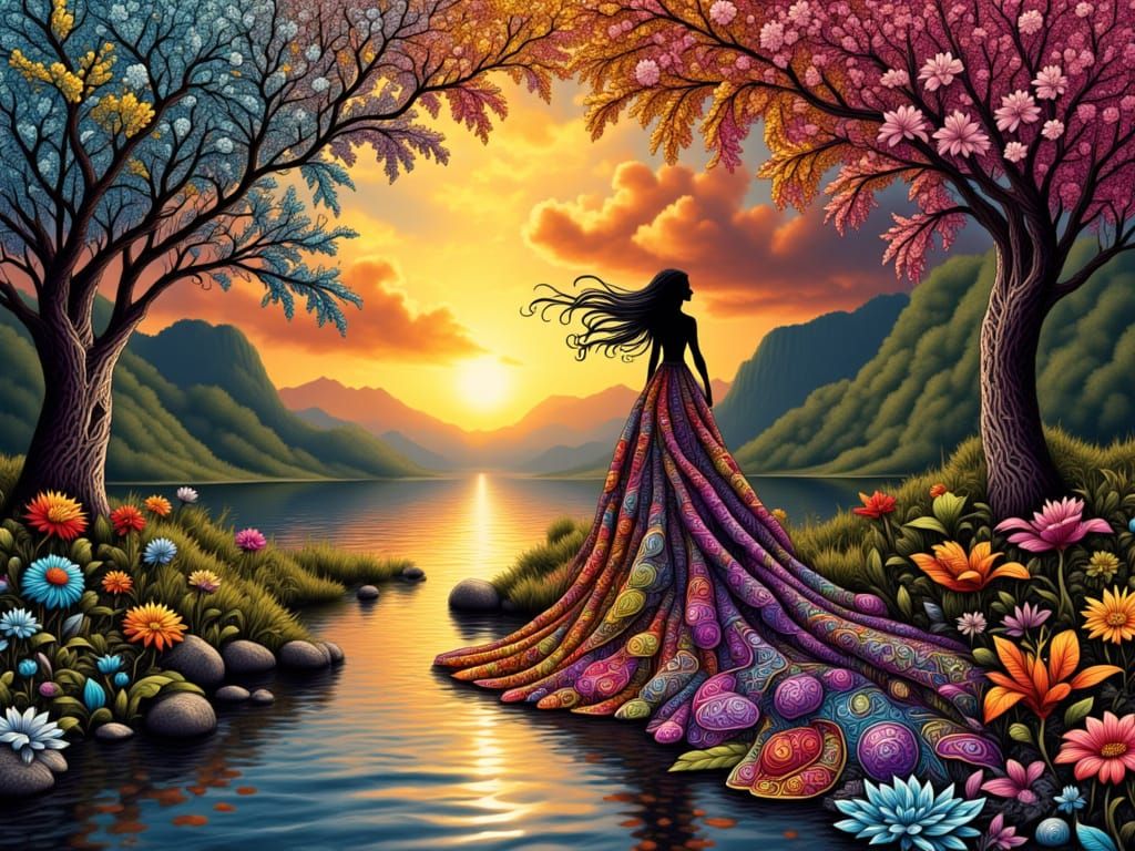 Ethereal Zentangle Goddess by the Serene River