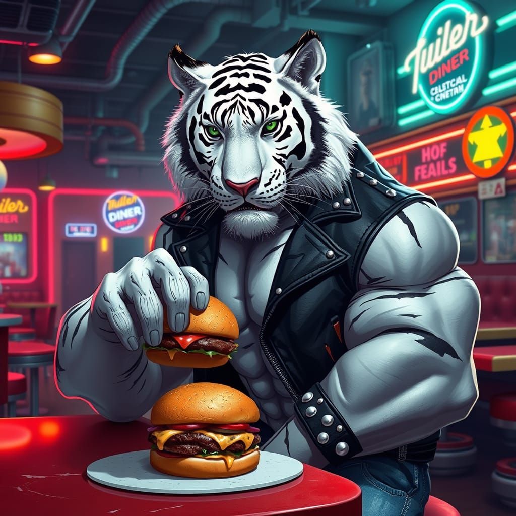 Tiger in Retro Diner, Cyberpunk Style