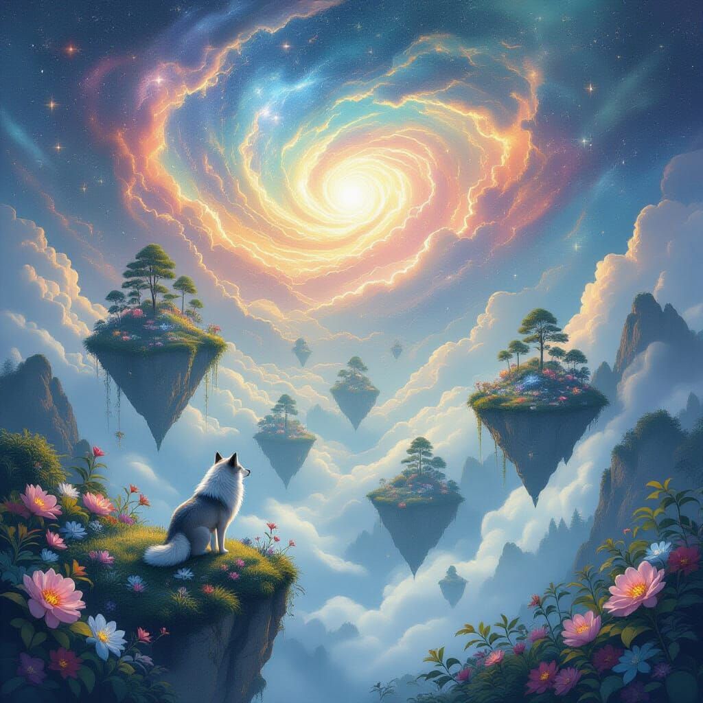 Serene Paradise Landscape with Stardust Wolf and Nebula Sky