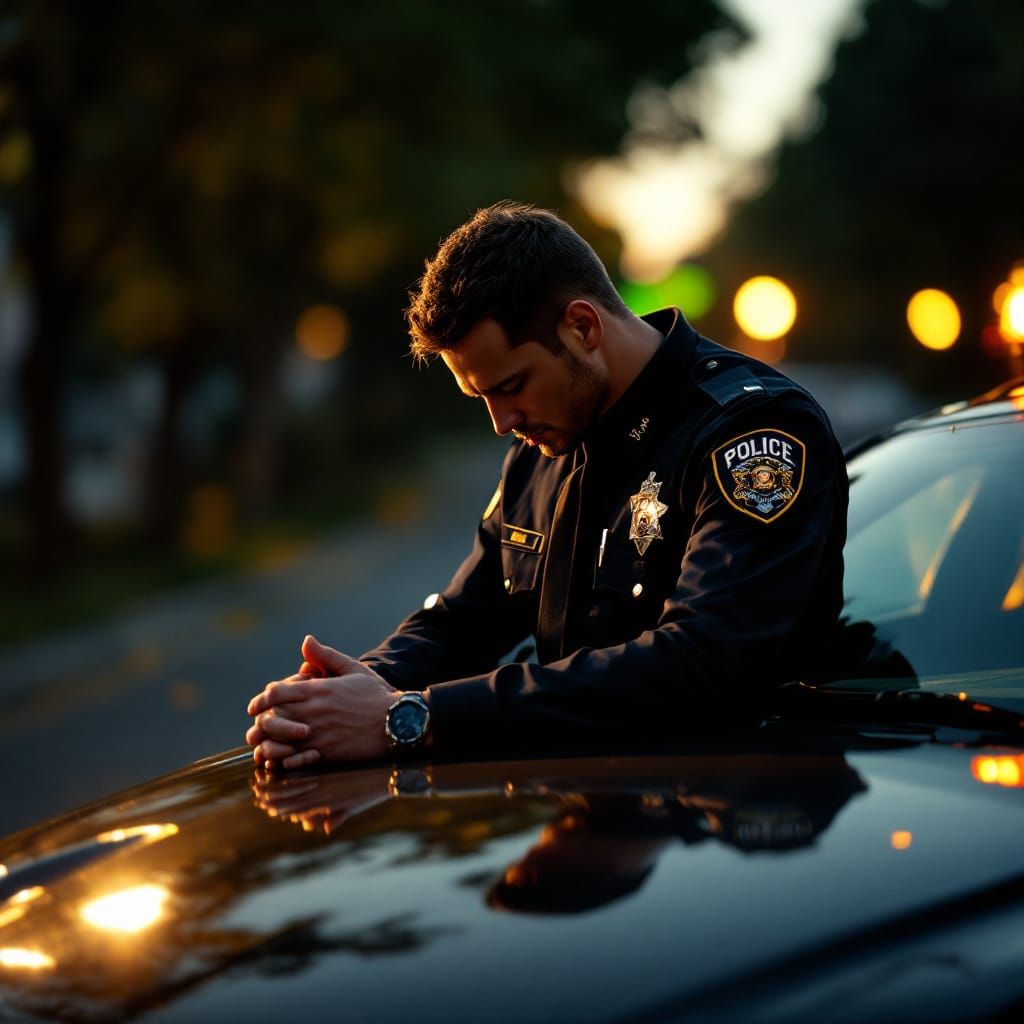 Police Officer Praying by Cruiser in Cinematic Style