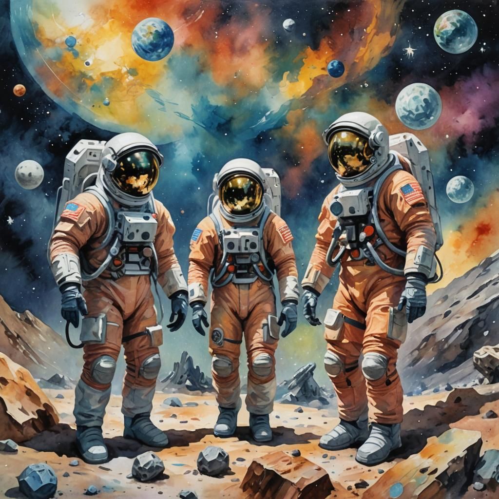 Team's Space Exploration in Gouache Style