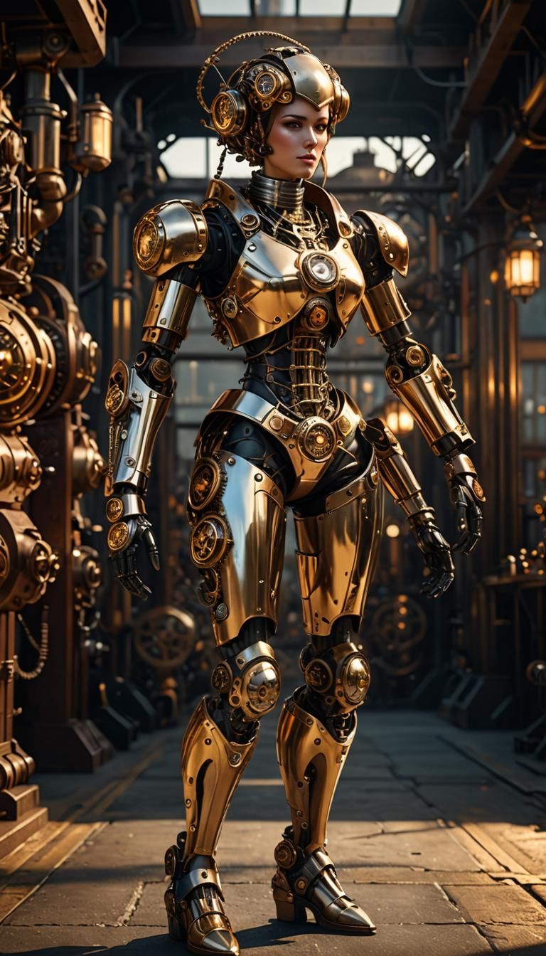 Steampunk Clockwork Humanoid with Prosthetic Limbs