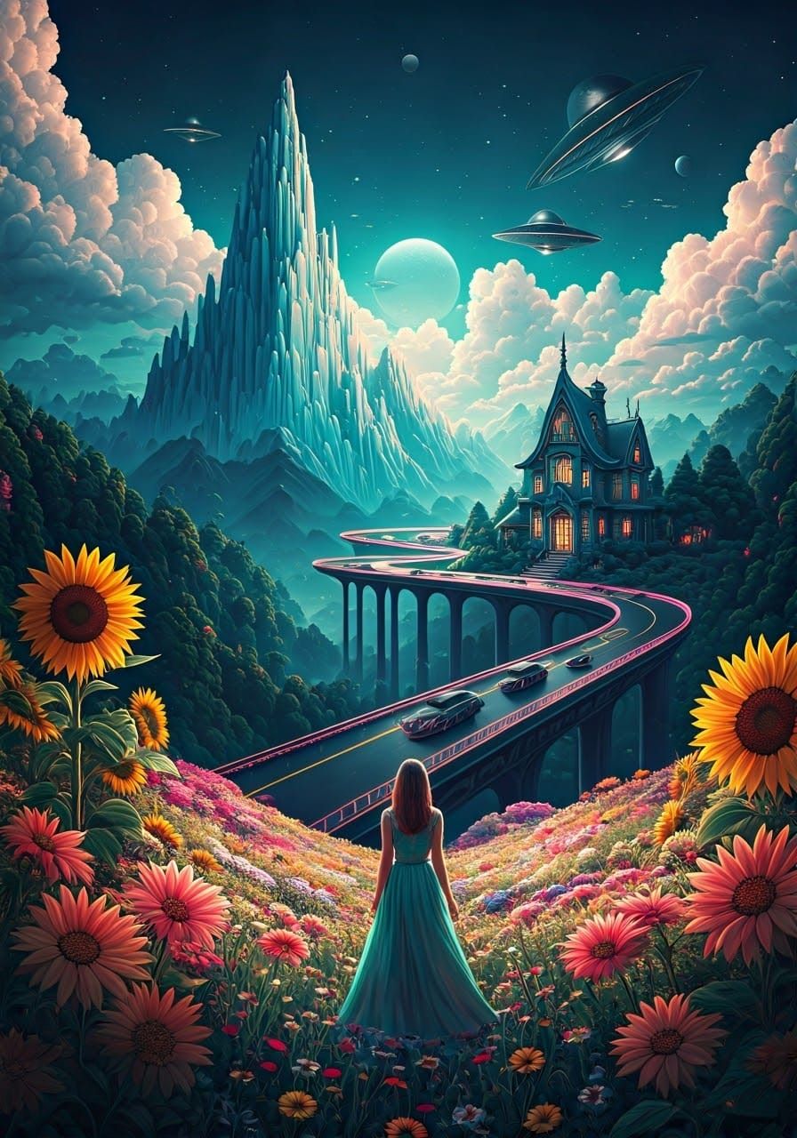 Surrealist Dreamscape Collage in Retro-Futuristic Style