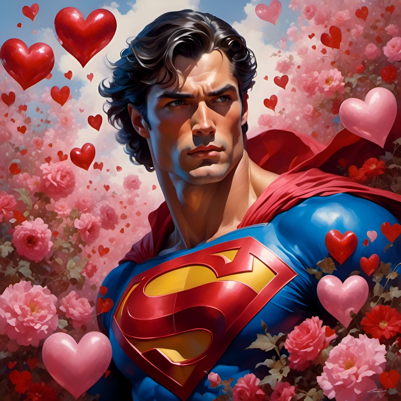 Hyperrealistic Superman Surrounded by Rococo Hearts