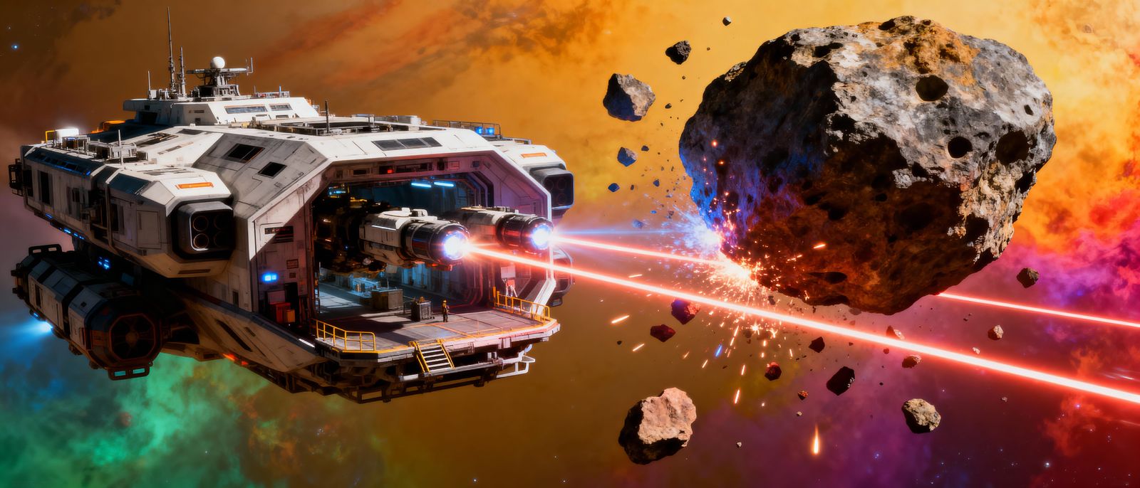 Hyperrealistic Space Mining Ship Blasts Asteroid with Lasers