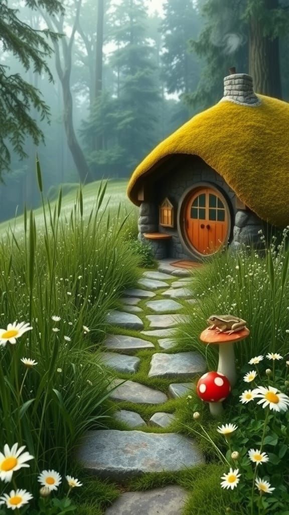 Whimsical Cottage in a Vibrant Meadow Landscape
