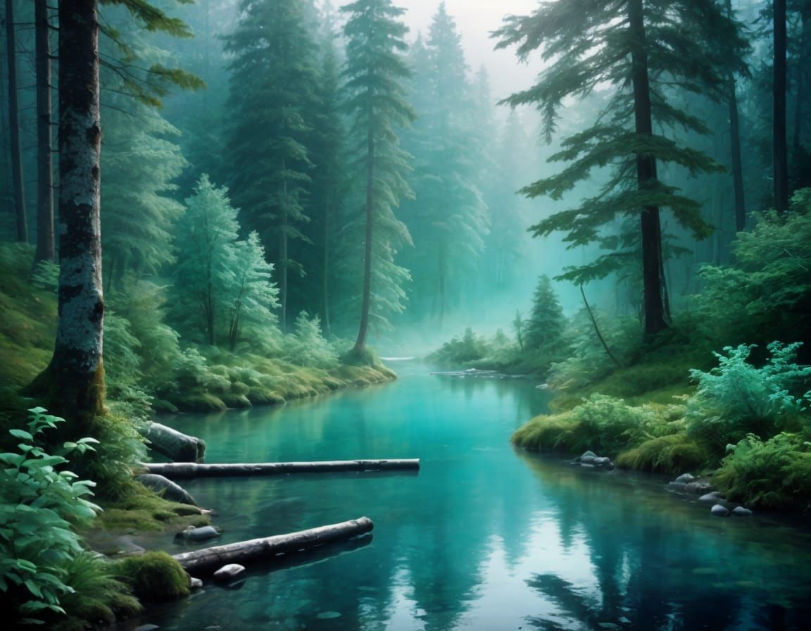 Forest bathing: hot pond in foggy forest.