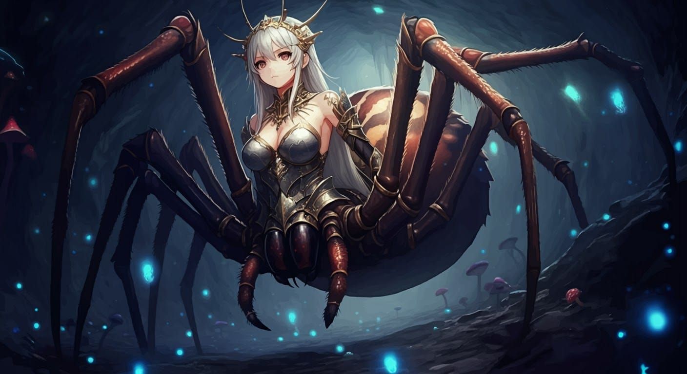 Bioluminescent Spider Queen in Anime Style
