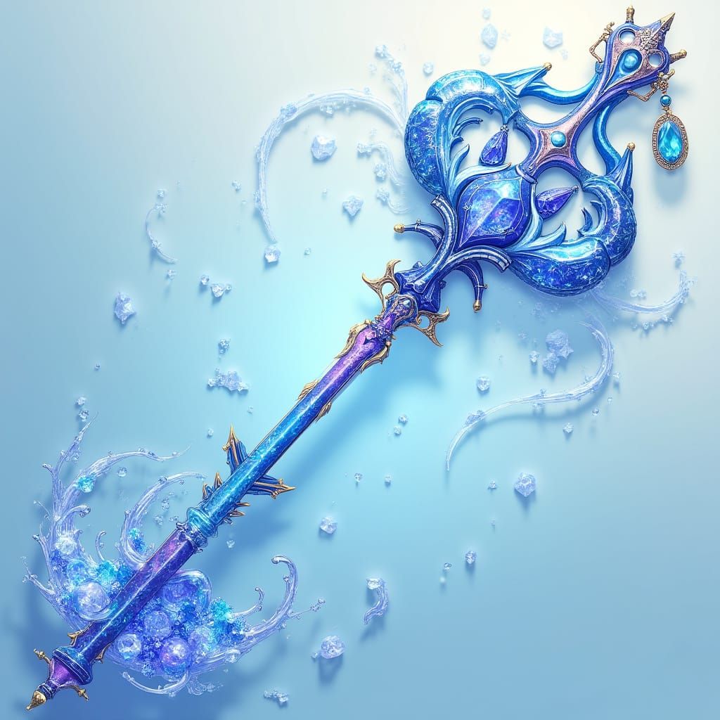 Aquatic Keyblade with Crystal, Whimsical Digital Art