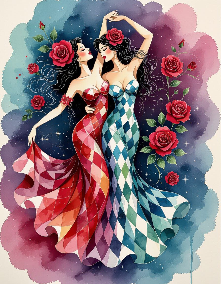 Harlequin Women Dancing with Roses in Alcohol Ink
