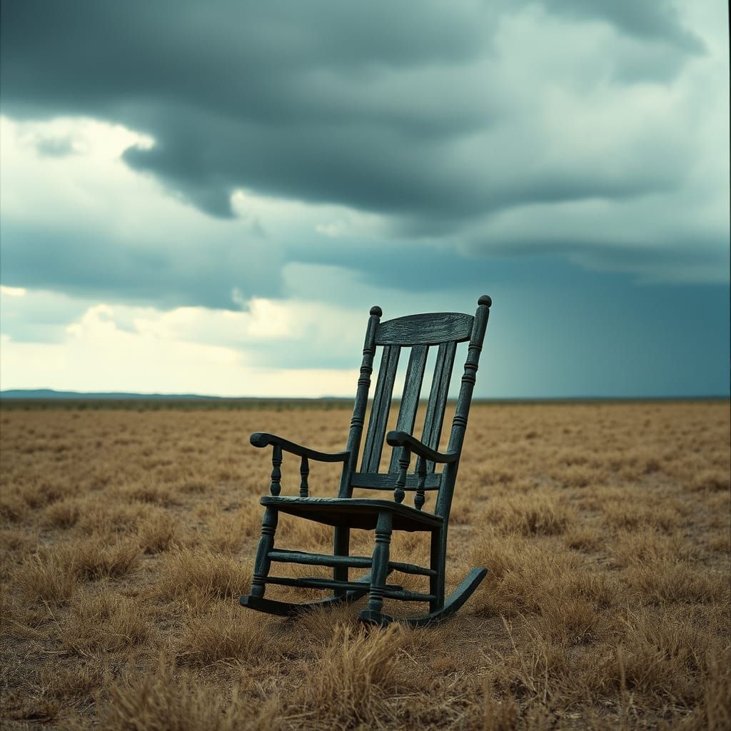 Empty Rocking Chair in Desolate Field Under Stormy Sky