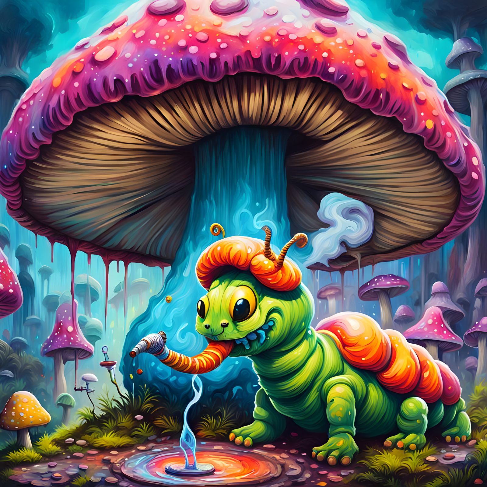Caterpillar Smoking Hookah on Mushroom in Graffiti Style