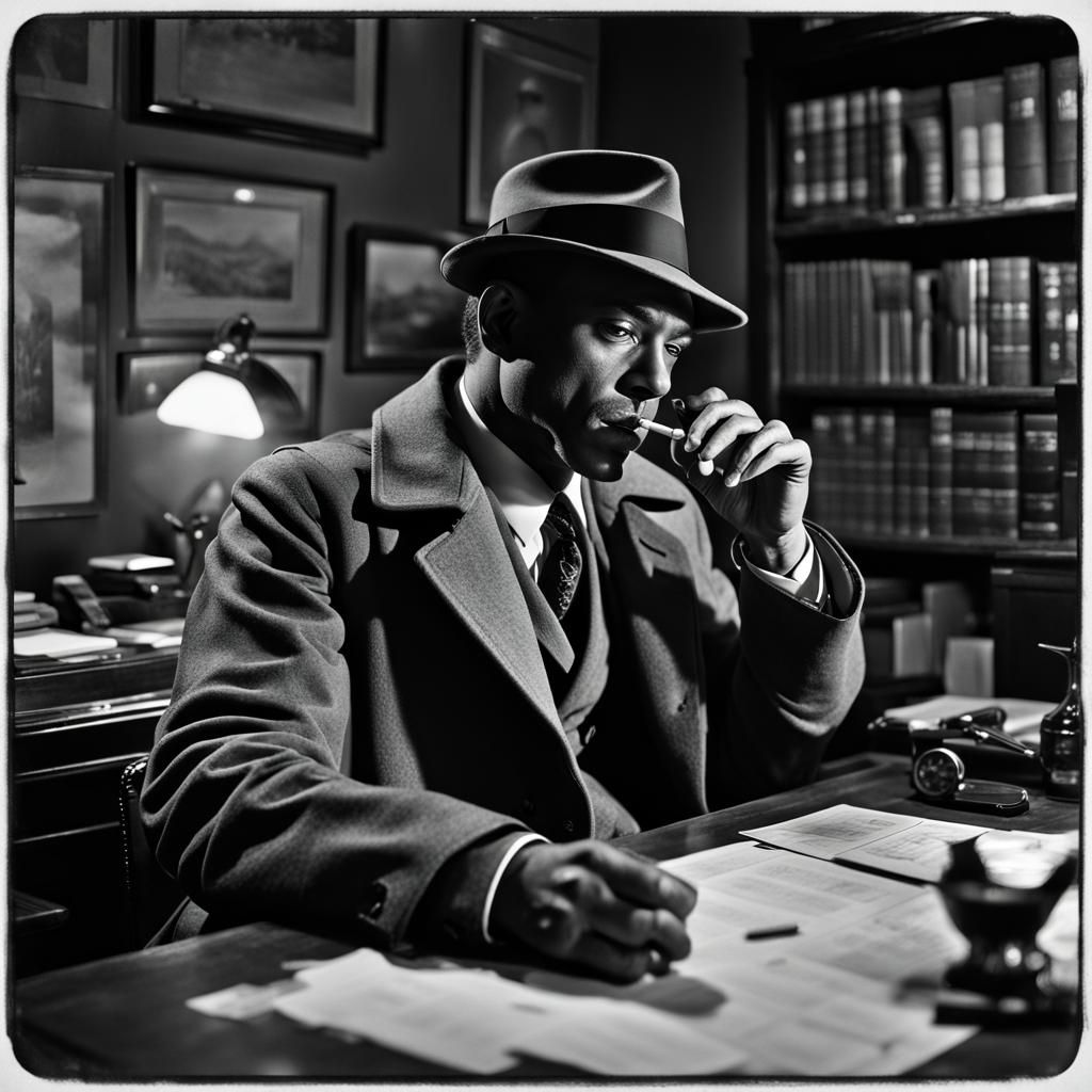 Noir Detective at Desk: Hyperdetailed 64 Megapixel Rendering