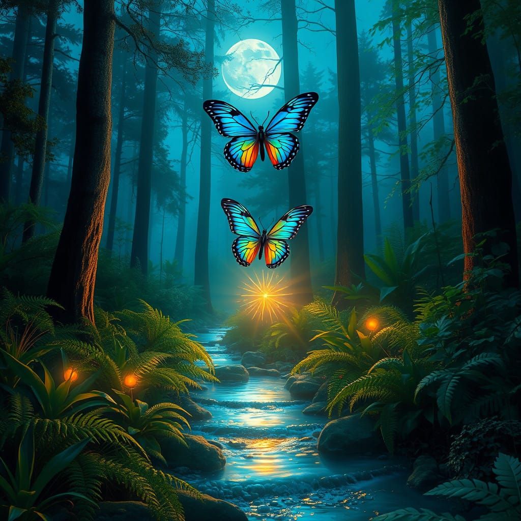 Enchanted Nighttime Forest in Dreamlike Hyperrealism